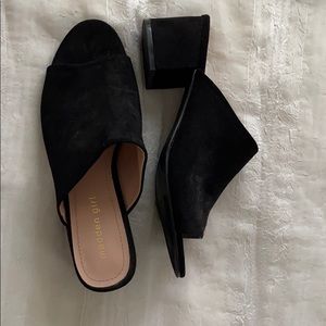 Black suede, peep-toed, low heel, madden girl